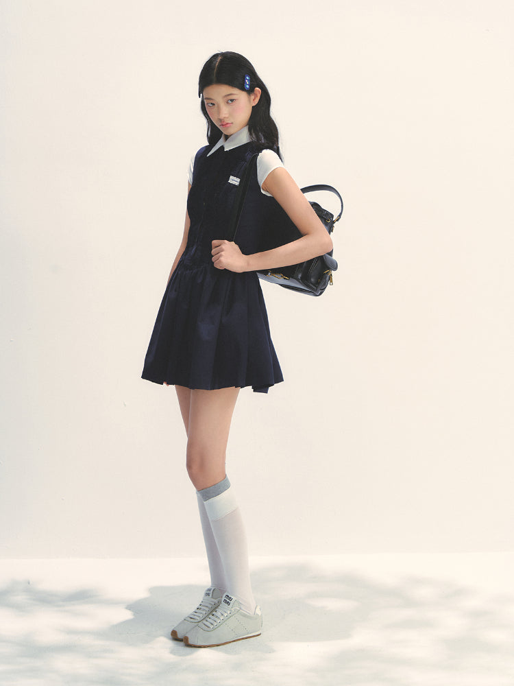 Miu-style Fake Two-piece Navy Blue Dress