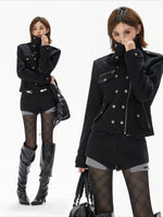 Black Double-Breasted Stand Collar Biker Jacket