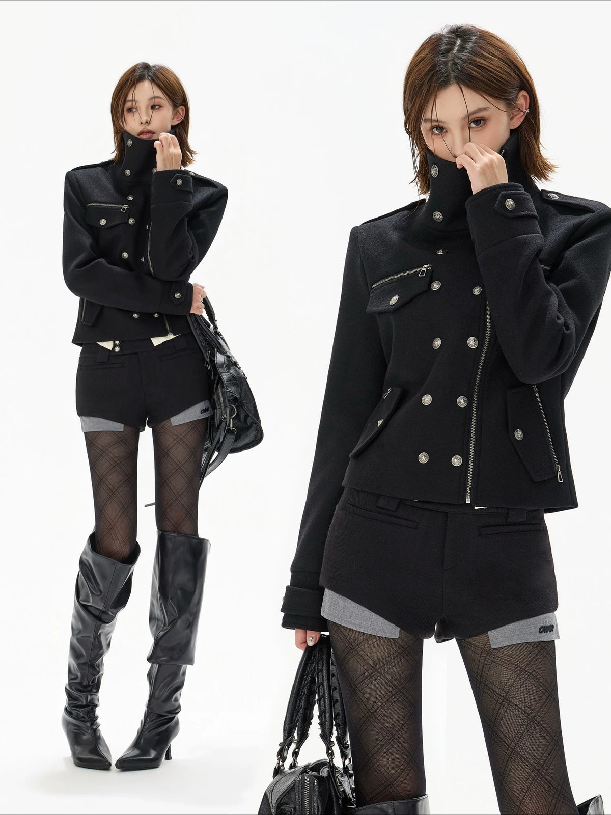 Black Double-Breasted Stand Collar Biker Jacket