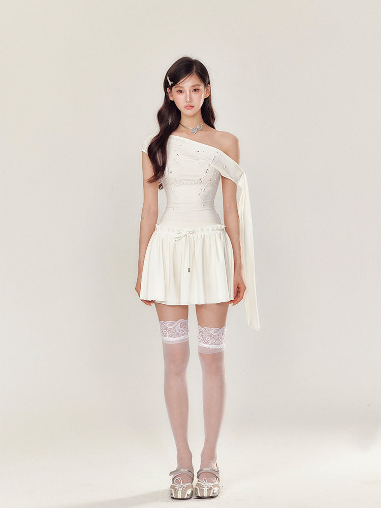Off-Shoulder Pearl and Rhinestone Puff Dress