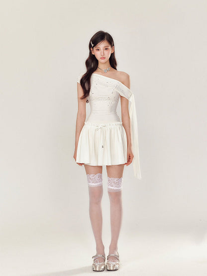 Off-Shoulder Pearl and Rhinestone Puff Dress