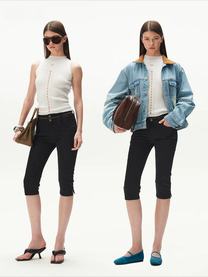 Contrast-Panel Capri Denim Shorts
