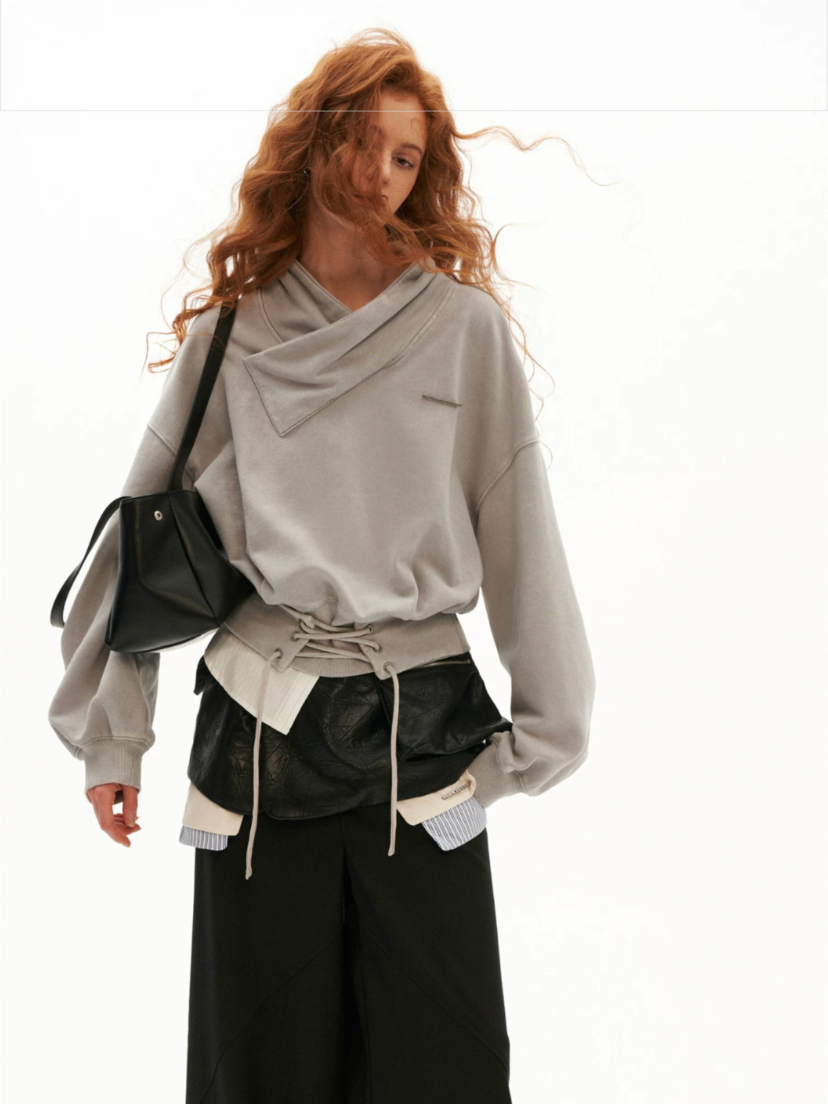 Cross Collar Lace-Up Washed Sweatshirt