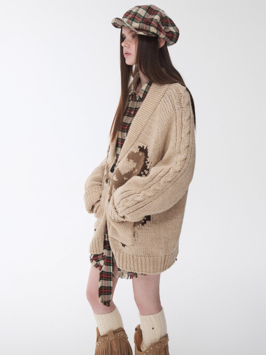 Pony Jacquard Horn-Button Chunky Cardigan