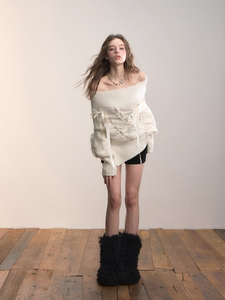 White Off-Shoulder Cross-knit Strap Sweater