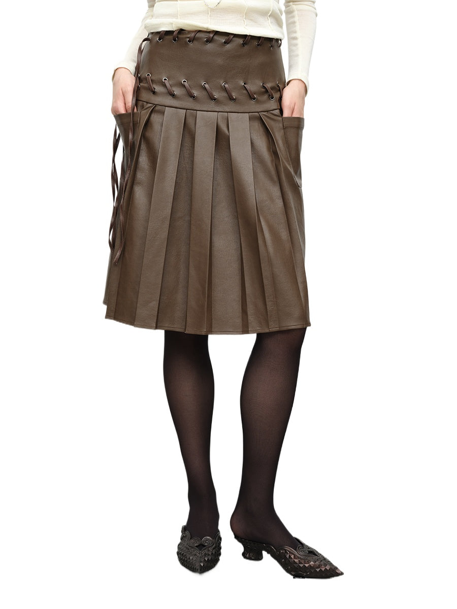 Brown Eyelet Lace-up Pleated Leather Skirt