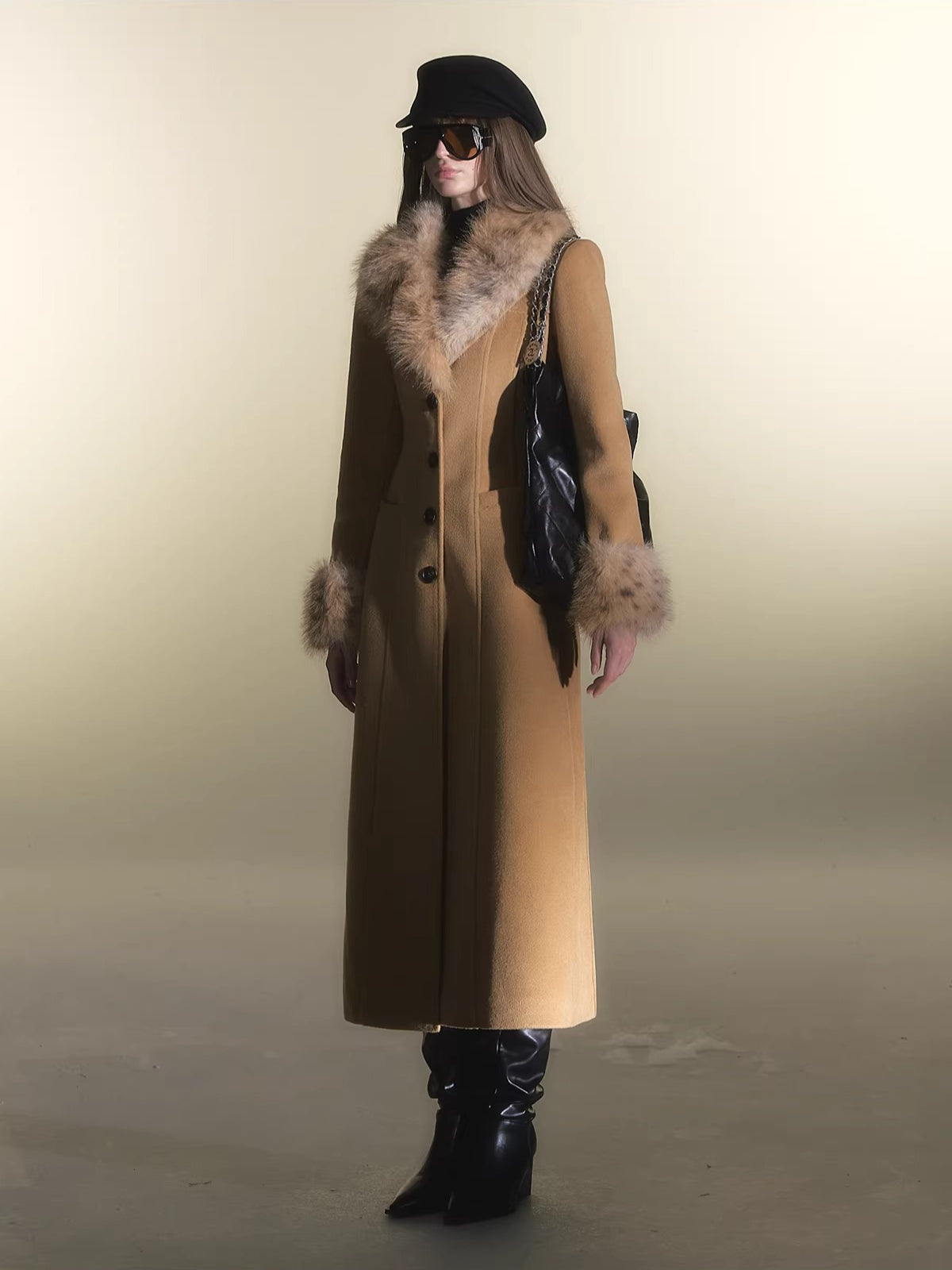 Leopard Fur Trim Fitted Wool Coat