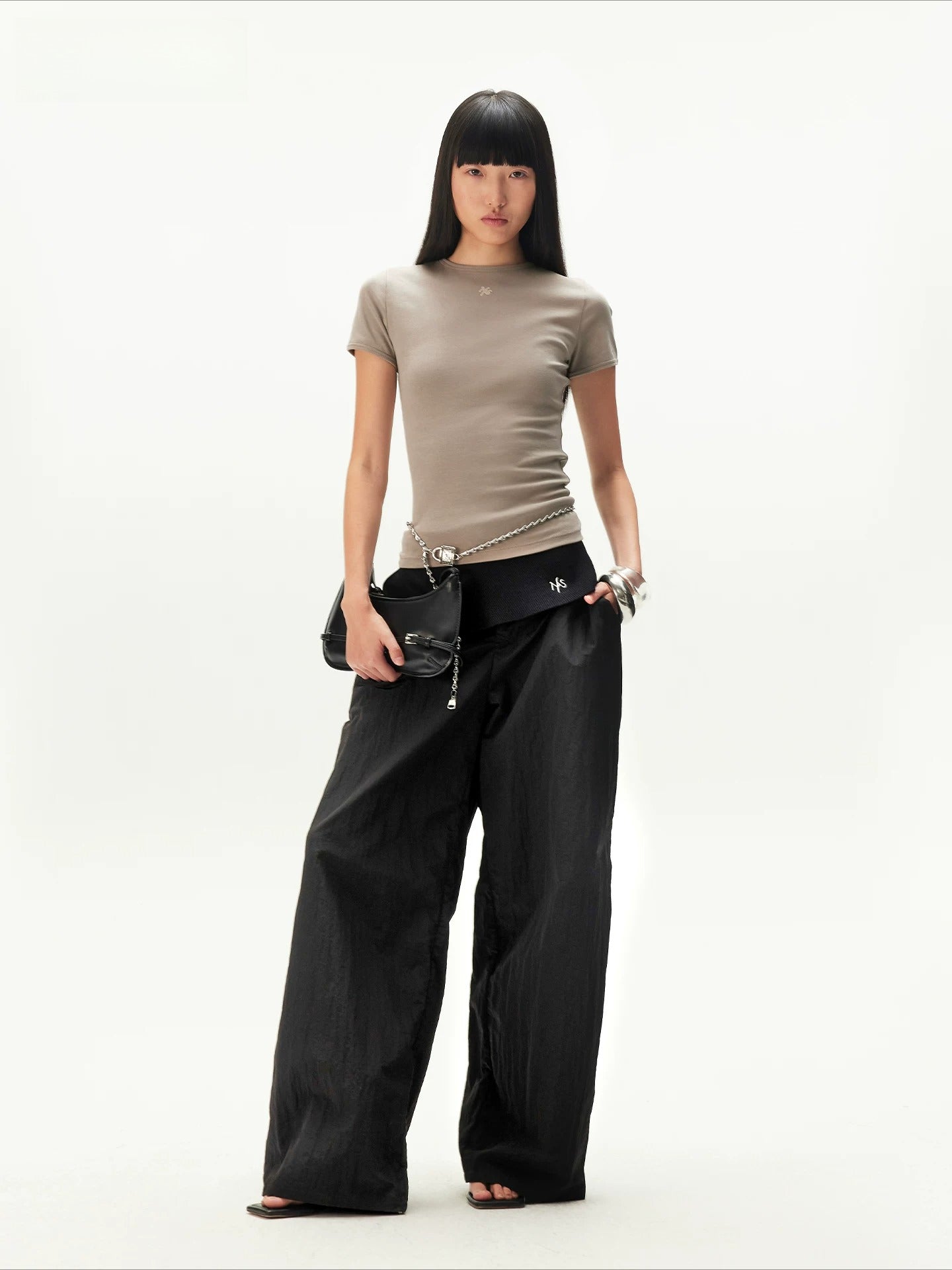 Asymmetric Panel Wide-Leg Knit Pants