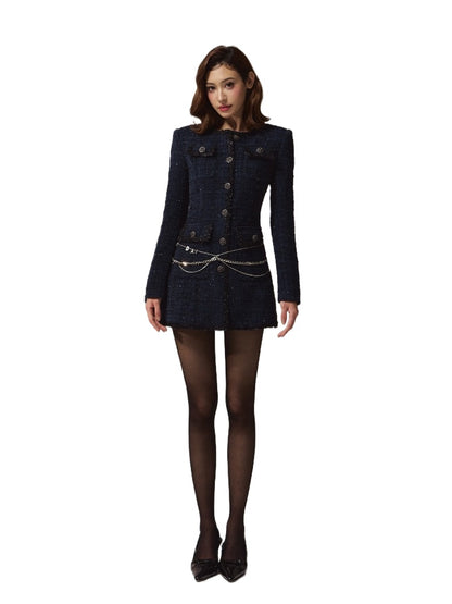 Scottish Wool-Blend Tweed Vintage Navy Fitted Dress