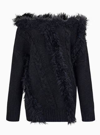 Off-Shoulder Patchwork Cable Knit Sweater