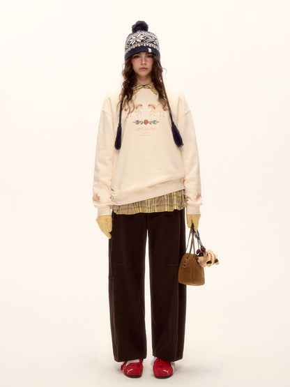 Floral Pony Print Fleece-Lined Pullover Sweatshirt