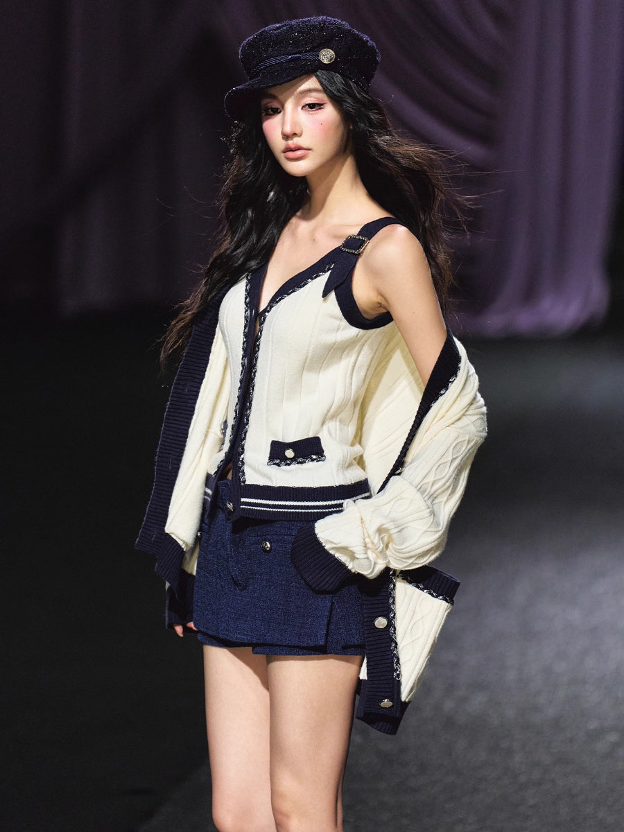 Contrast-Trim Knit Cardigan &amp; Vest Set
