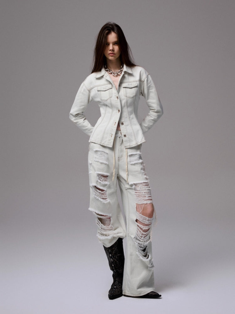 Distressed White Structured Denim Jacket
