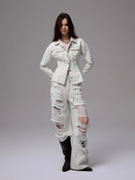 Distressed White Structured Denim Jacket