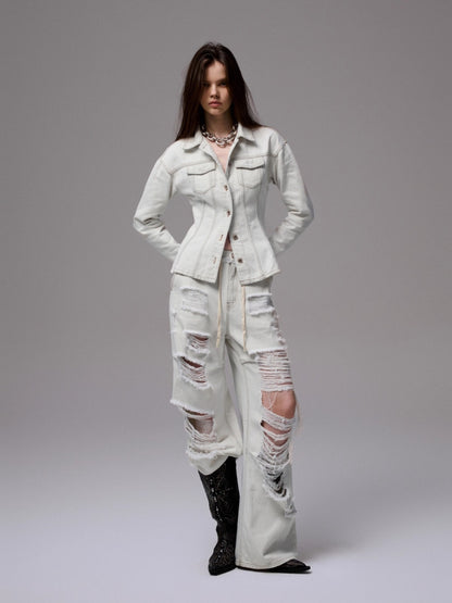 Distressed White Structured Denim Jacket