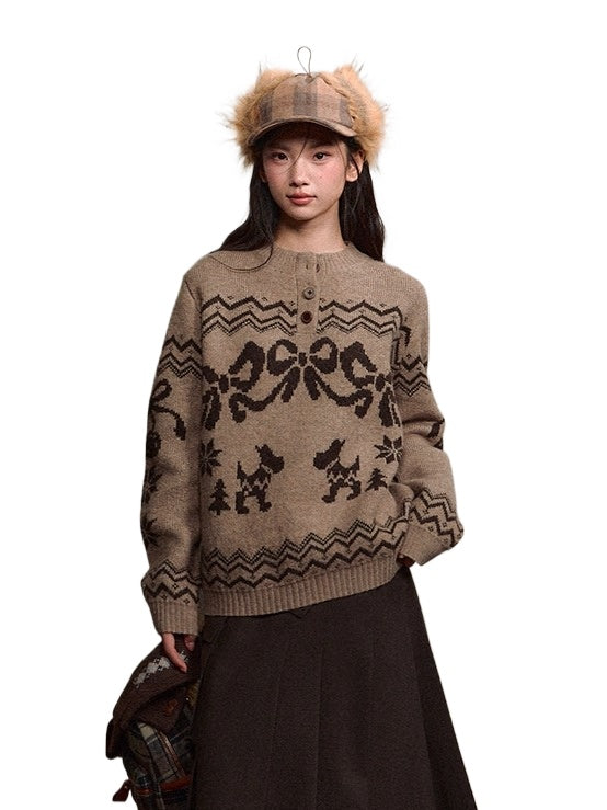 Fair Isle Bow Henry-Collar Sweater