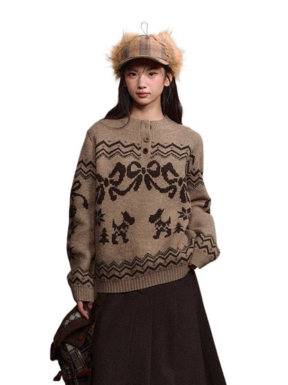 Fair Isle Bow Henry-Collar Sweater