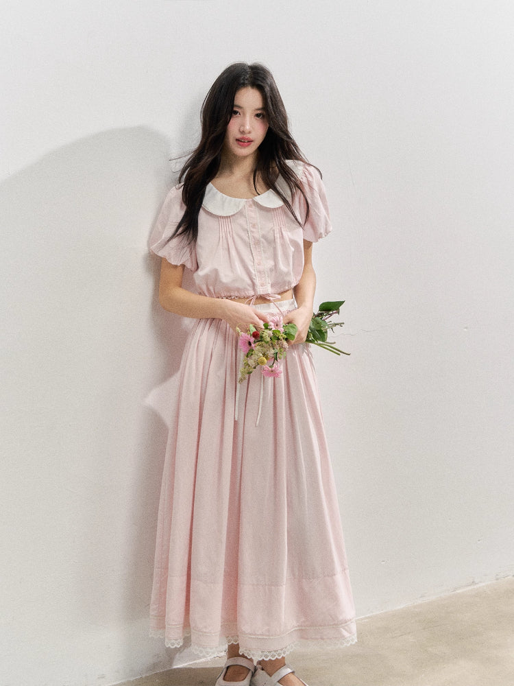 Pink Doll‑Collar Drawstring‑Hem Blouse &amp; Flared Midi Skirt