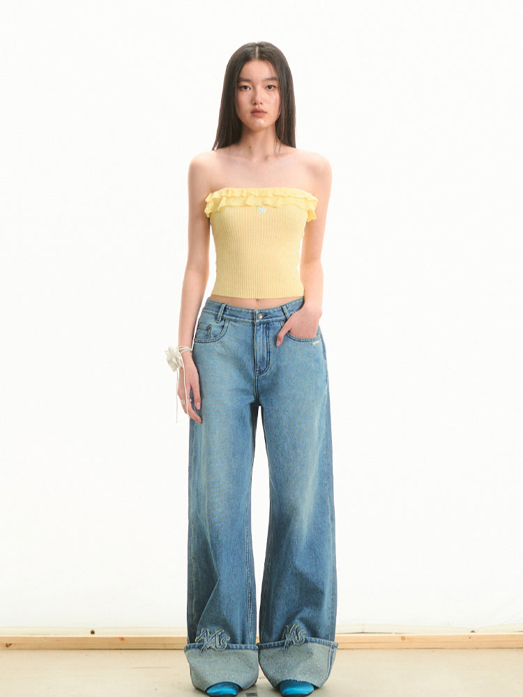 Transparent Rhinestone Straight-Leg Jeans