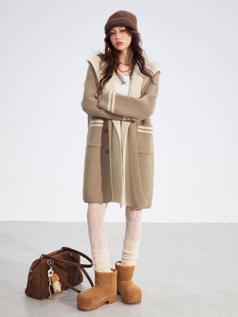 Detachable Collar Long Knit Coat