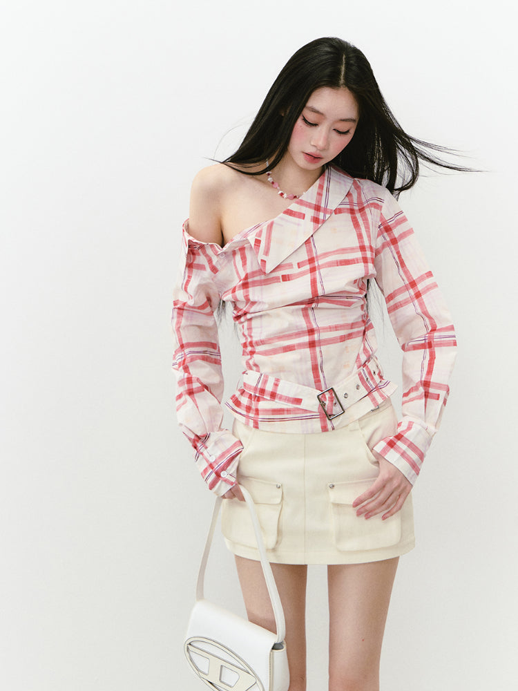 Off-Shoulder Pleated Waist Belt Short Shirt