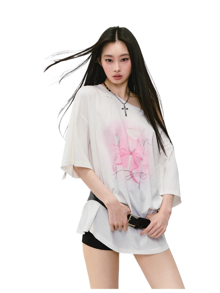 Rhinestone Printed Asymmetric Shoulder Short sleeve T-shirt