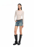 Vintage Washed Twill Patchwork Leather Straight Short Skirt