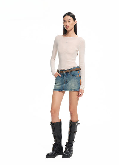 Vintage Washed Twill Patchwork Leather Straight Short Skirt