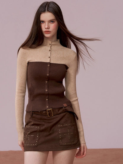 Studded Belt Faux Suede A-Line Skirt