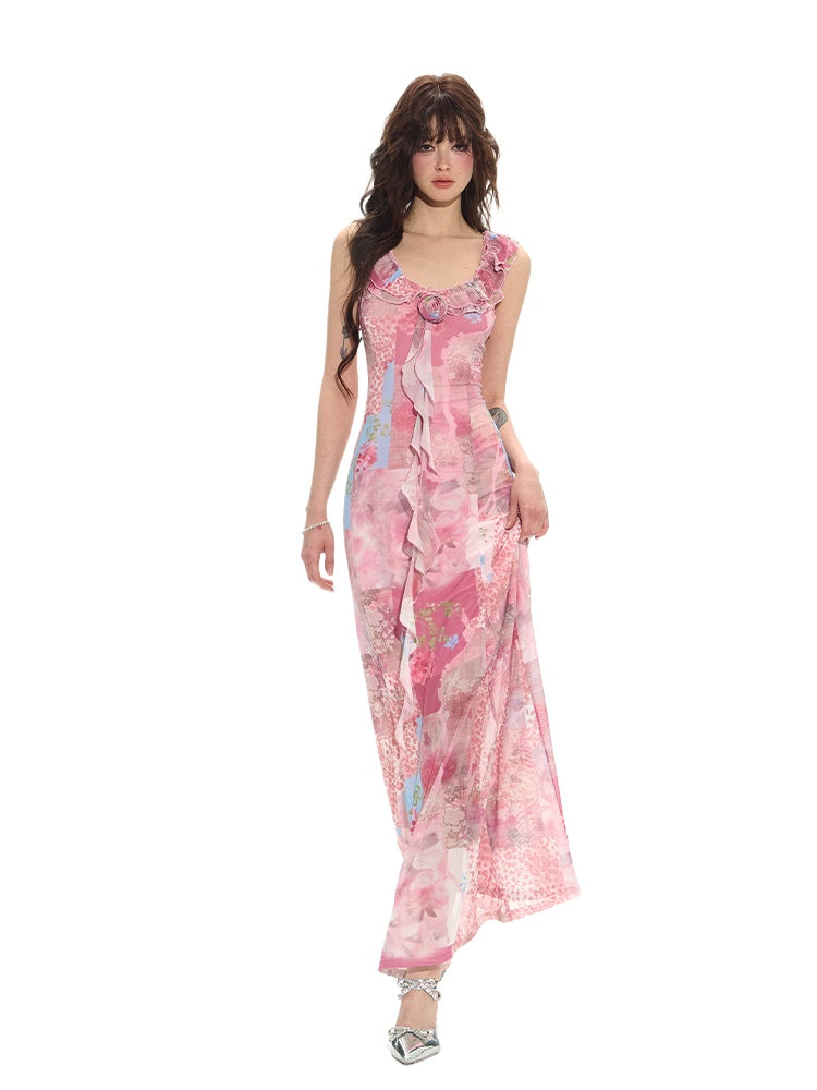 Pink Ruffle Floral Vacation Dress