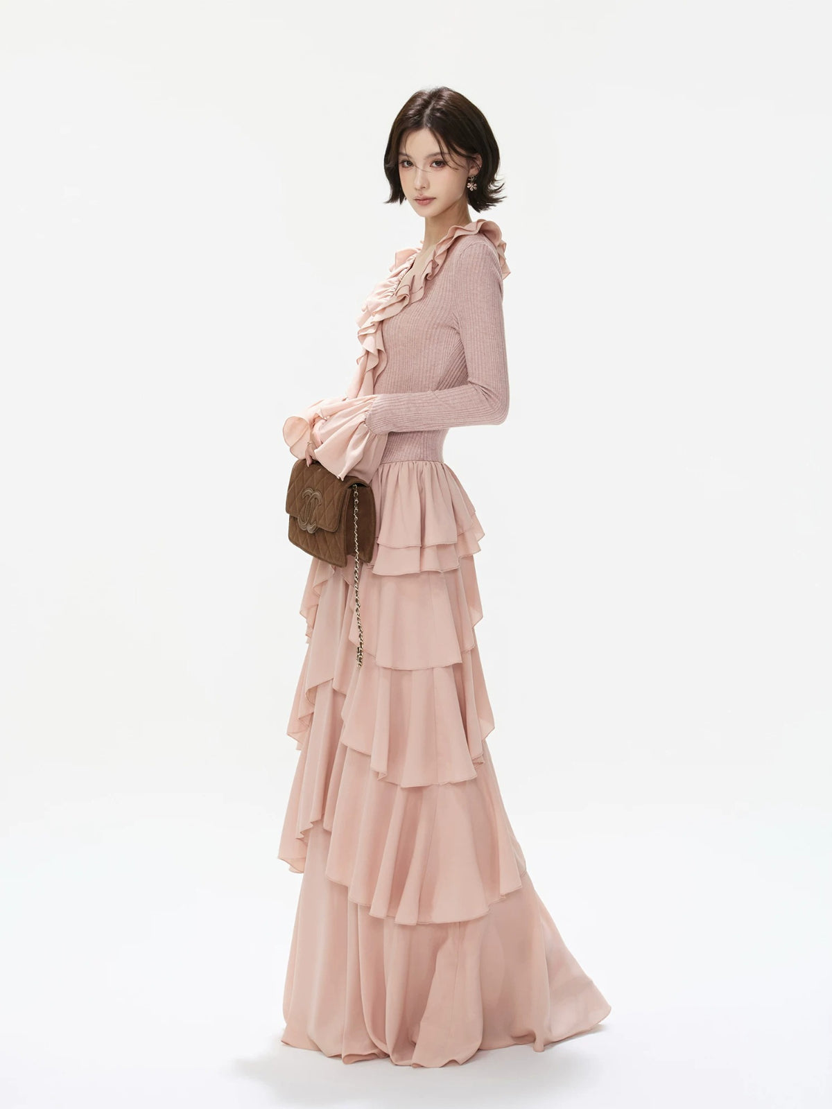 Ruffled Knit Chiffon Tiered Maxi Dress