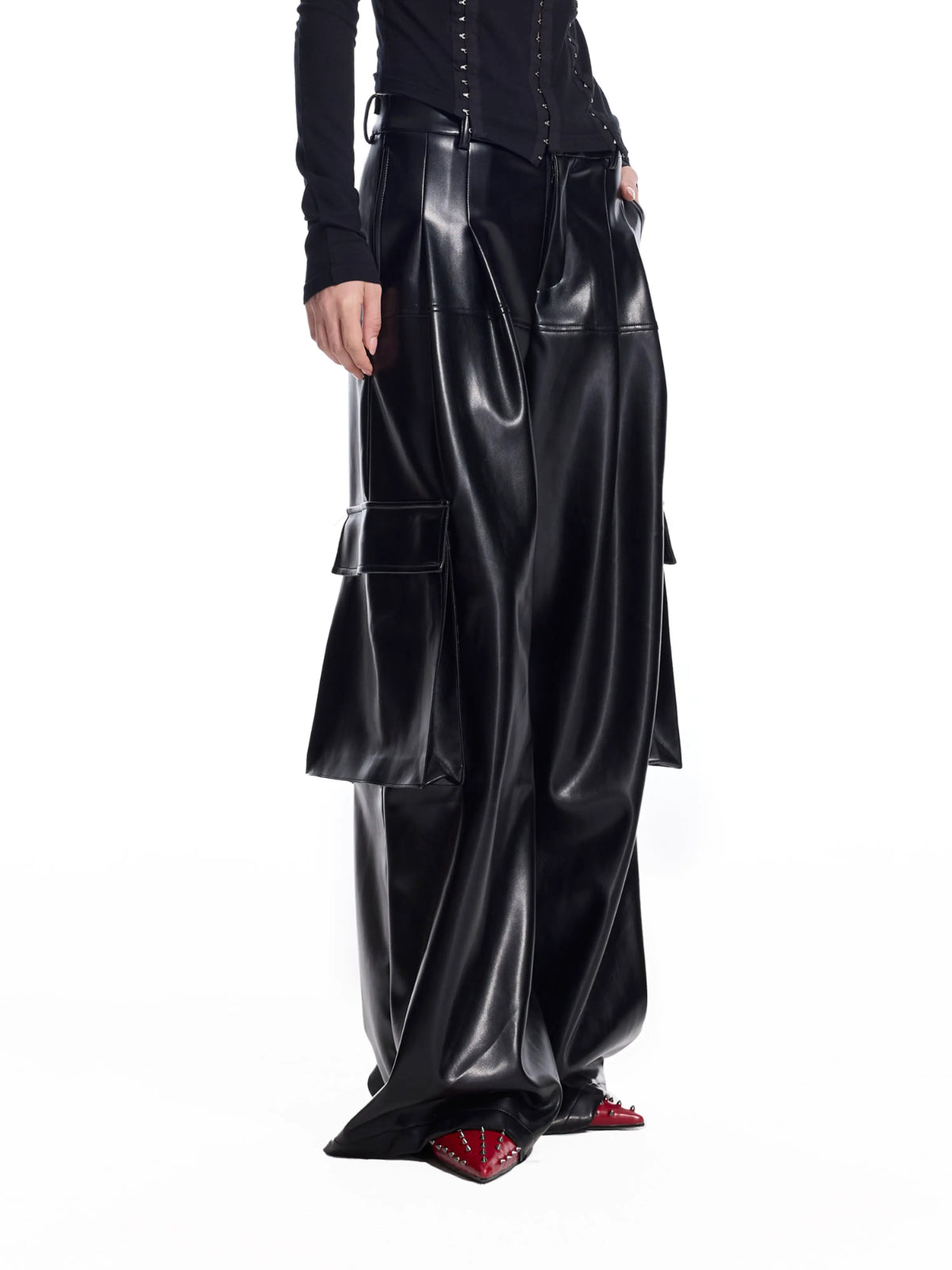 Vintage PU Cargo Wide-Leg Pants