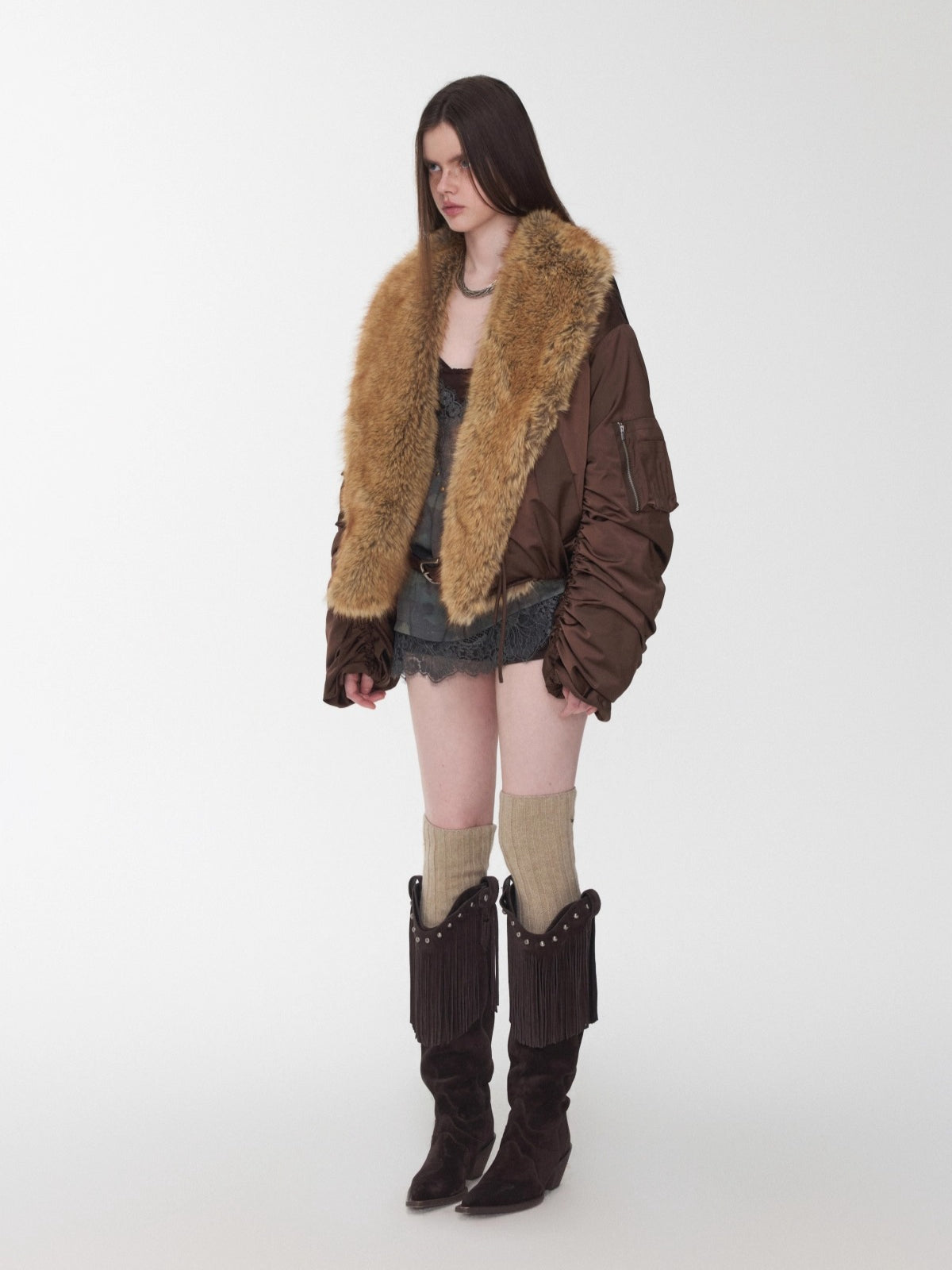 Brown Faux-Fur Collar Bomber Jacket