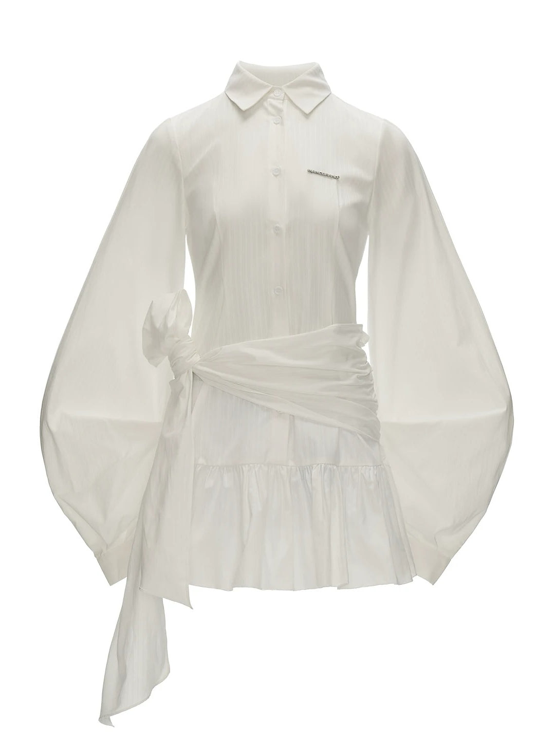 White Textured Bow Detail Shirt Dress