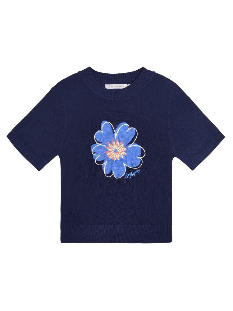 Floral Embroidered Crew Neck Short-Sleeve Knit Top