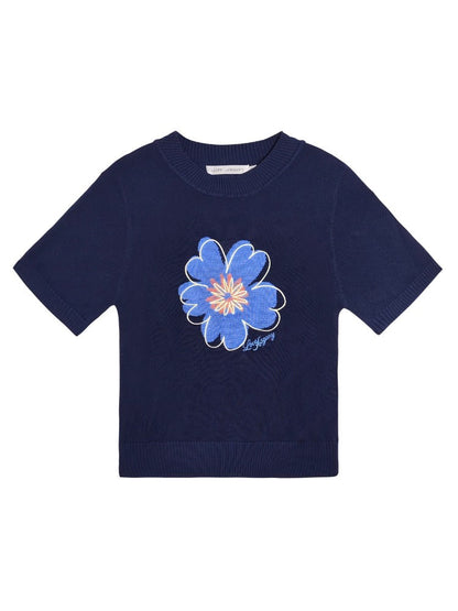 Floral Embroidered Crew Neck Short-Sleeve Knit Top