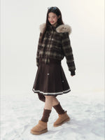 Plaid Floral Faux-Fur Down Jacket