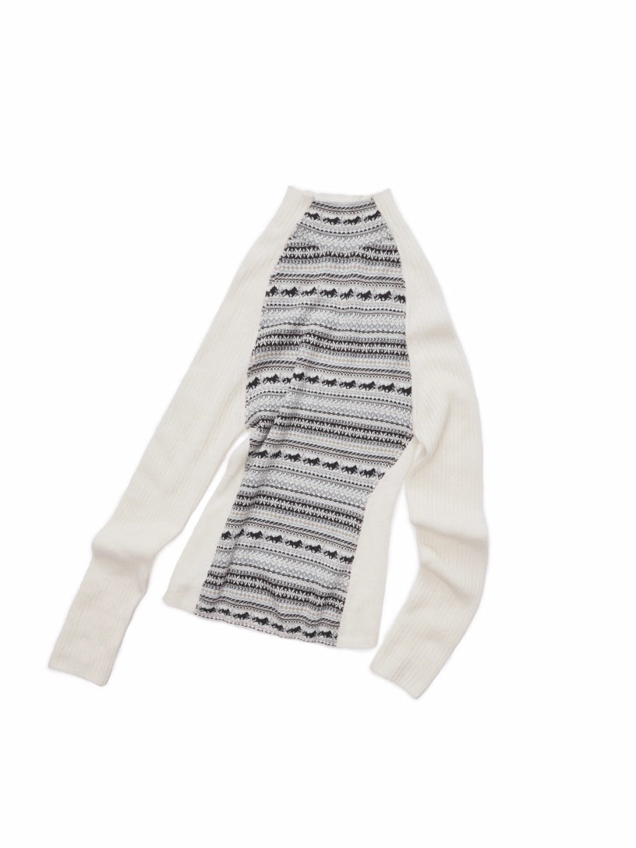 Fair Isle Turtleneck Raglan Sleeve Colorblock Knit Base Layer