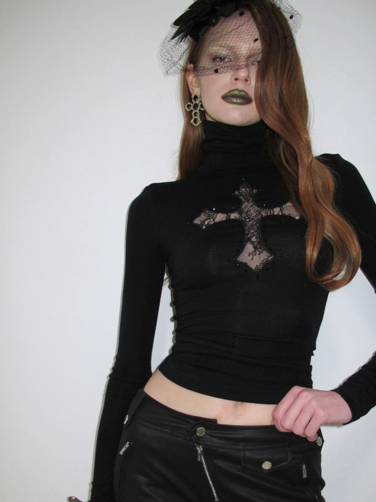 Cross Lace Rhinestone Turtleneck Top