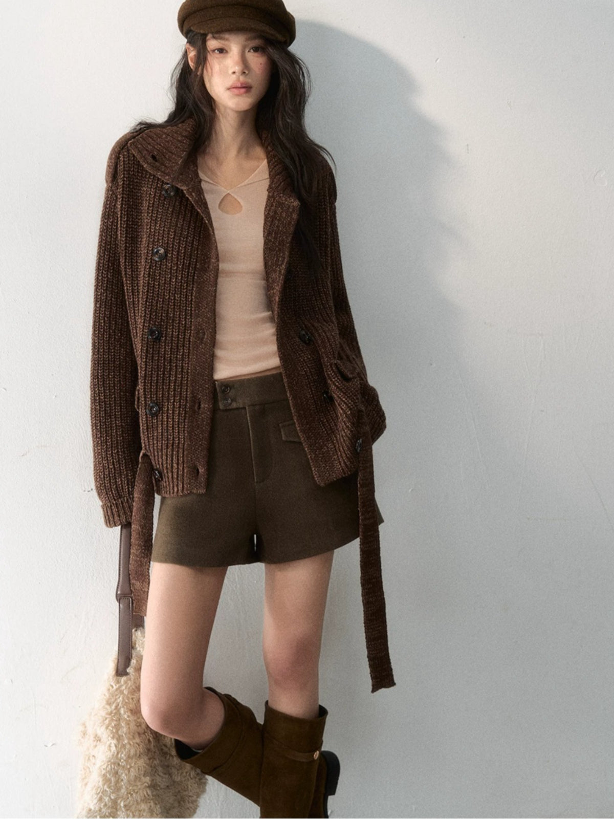 Double-Breasted Turtleneck Knit Cardigan