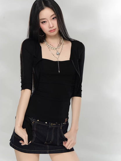 Black &amp; Khaki Tie Cutout Top