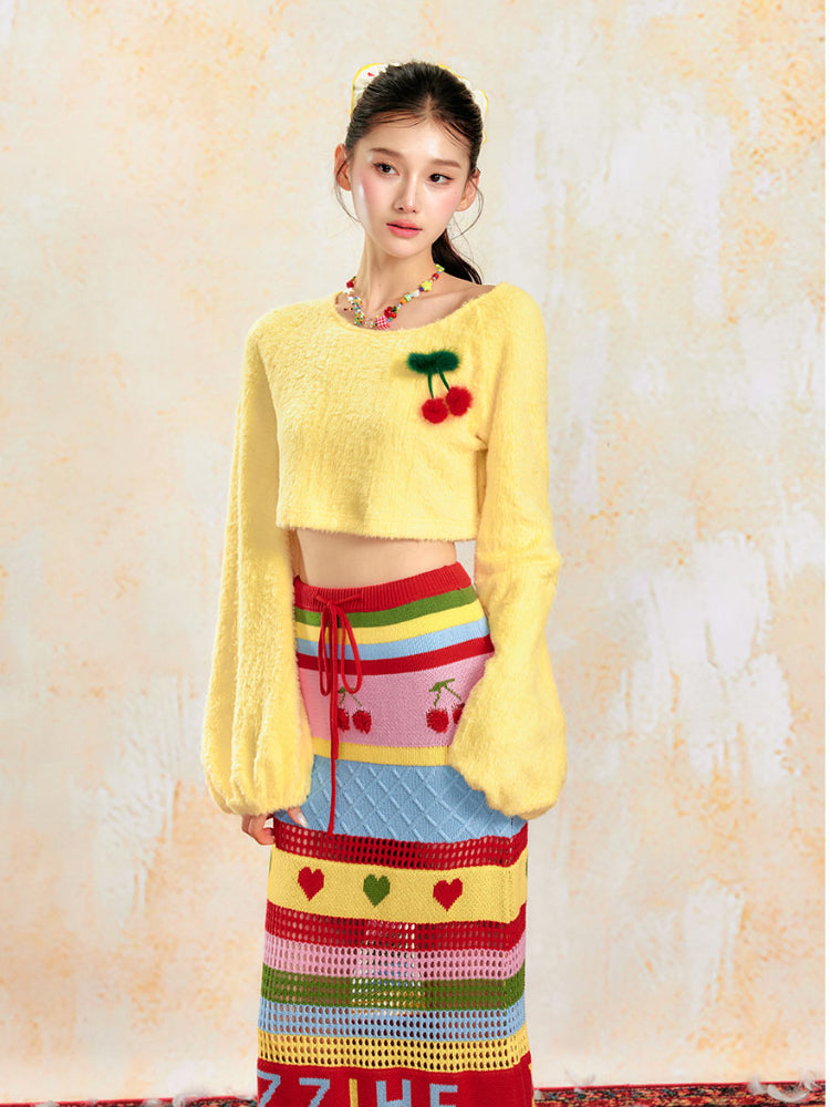 Soft Yellow Off-Shoulder Knit Sweater &amp; Skirt Set