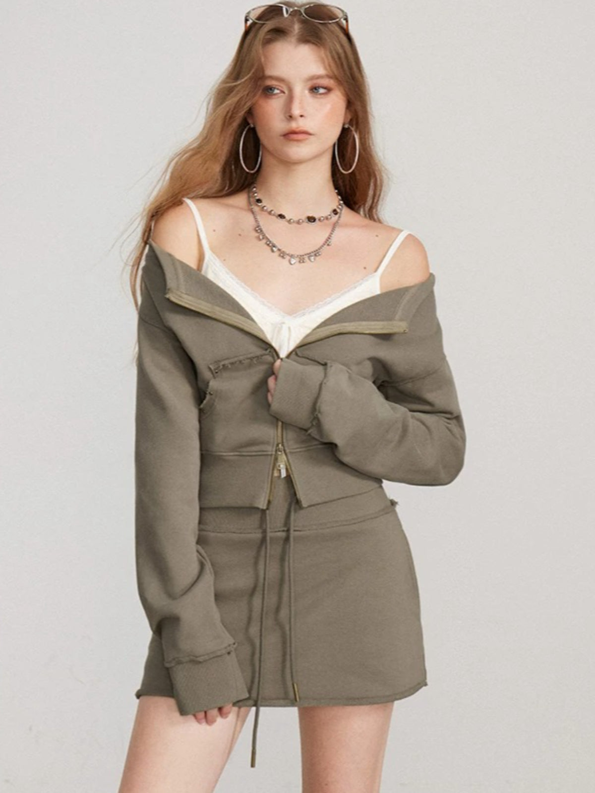 Zip Sweatshirt Skirt Two Piece Set