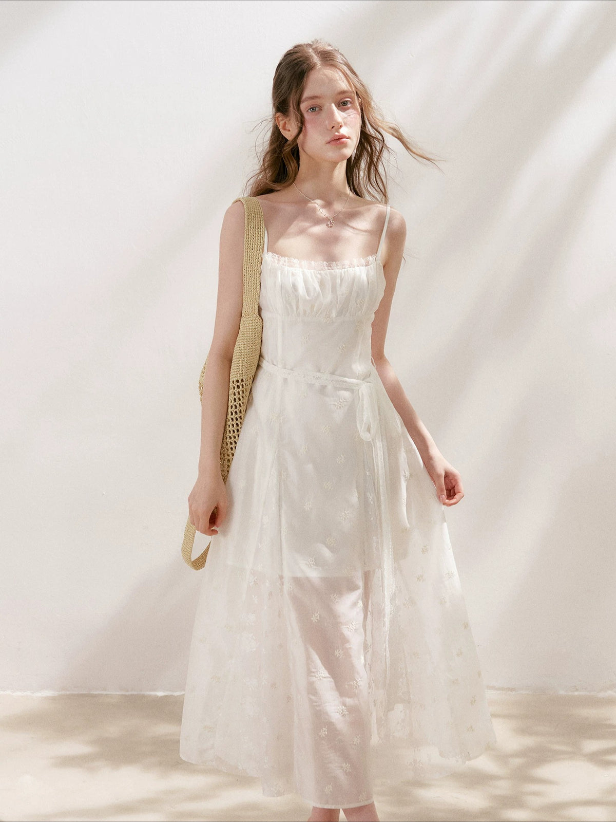 Apricot Embroidered Lace Midi Dress