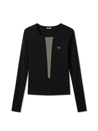 Black V-Neck Mesh Tee