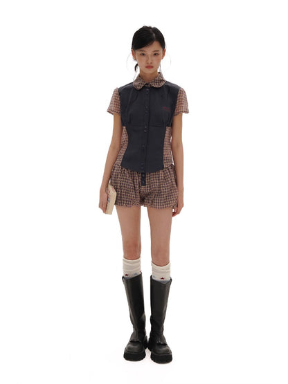 Retro Plaid Split Short Sleeve Shirt &amp; Puff Skirt Set