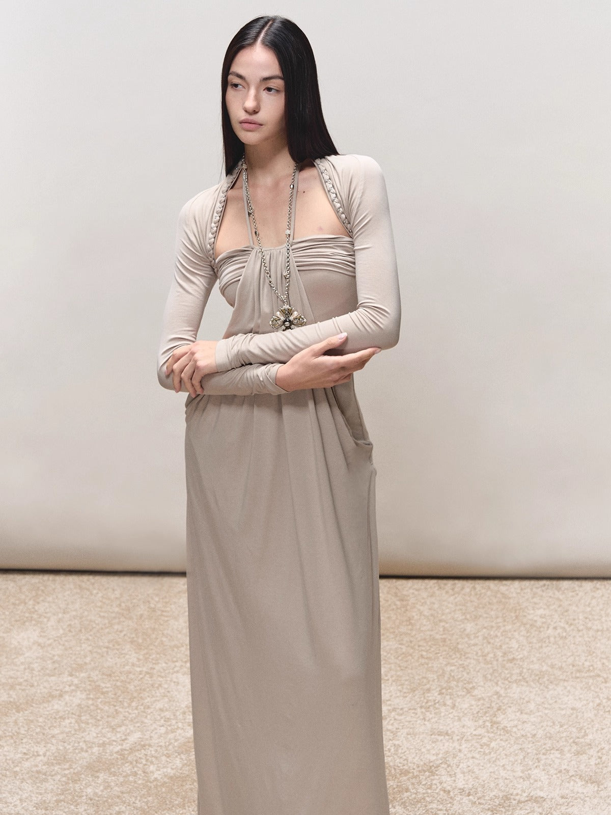 Lyocell Braided-Halter Ruched Dress Set