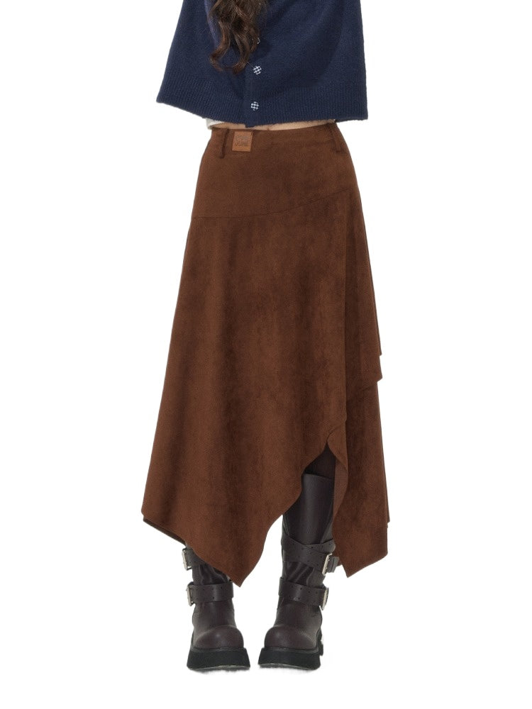 Asymmetric Faux Suede Midi Skirt