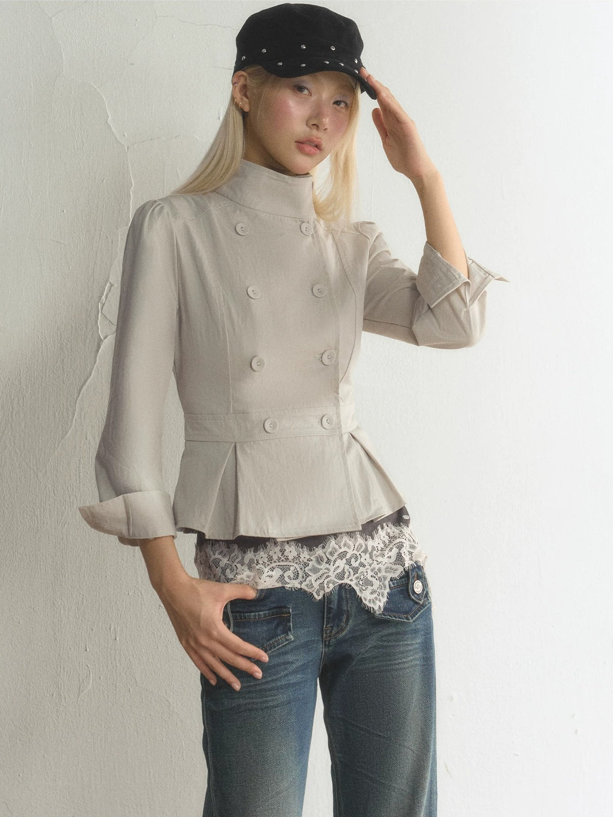 Vintage Stand Collar Peplum Jacket