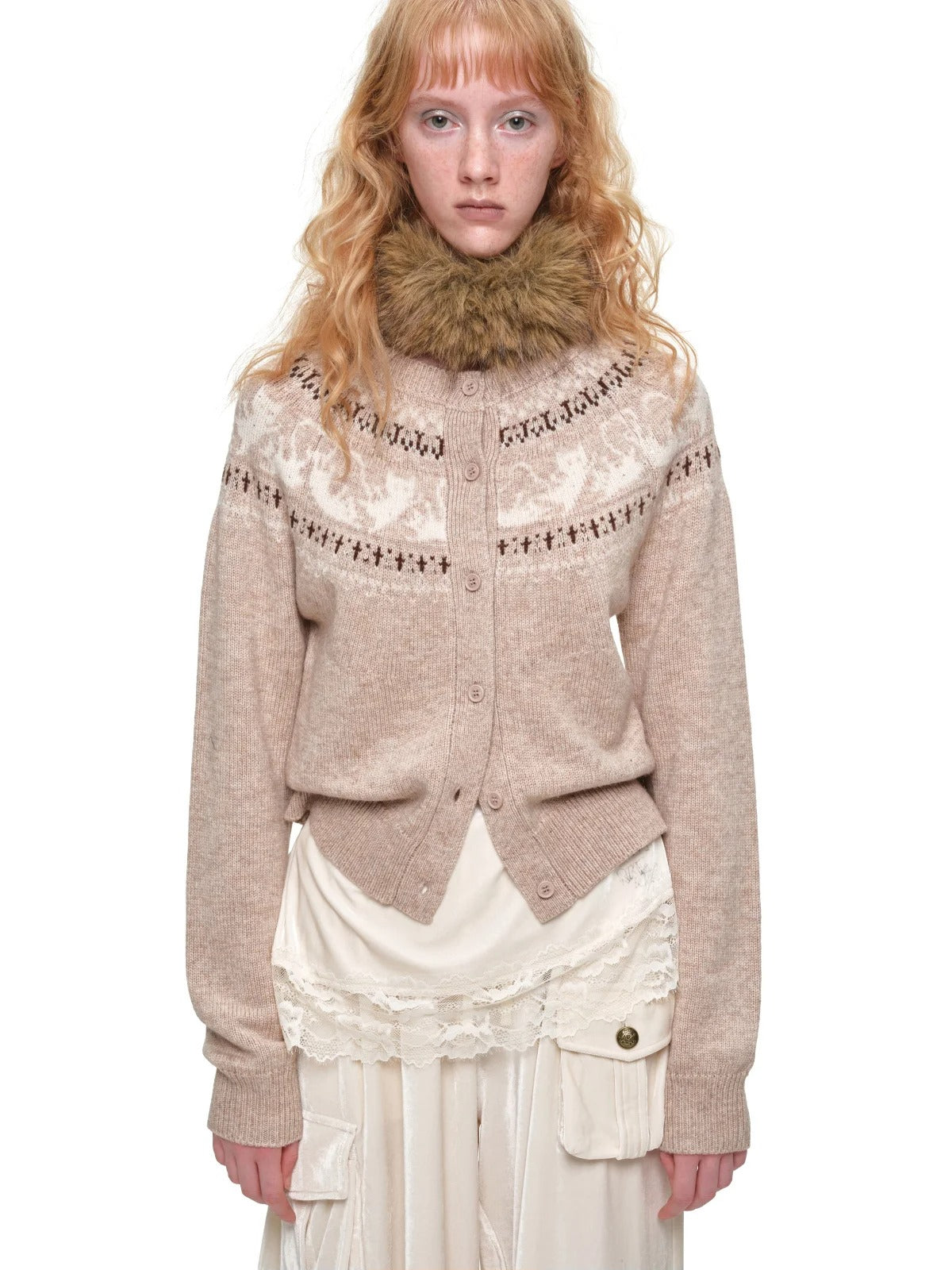 Fair Isle Cat Crewneck Cardigan